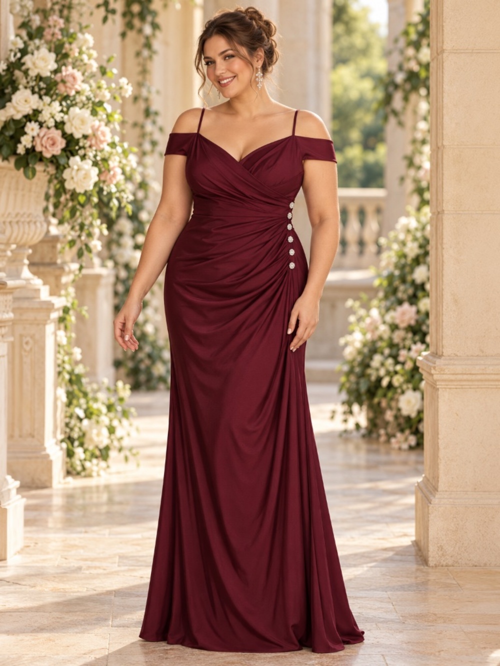Oleg Cassini David's Bridal Dress Wine Burgundy Off Shoulder Bridesmaid Gown 20W